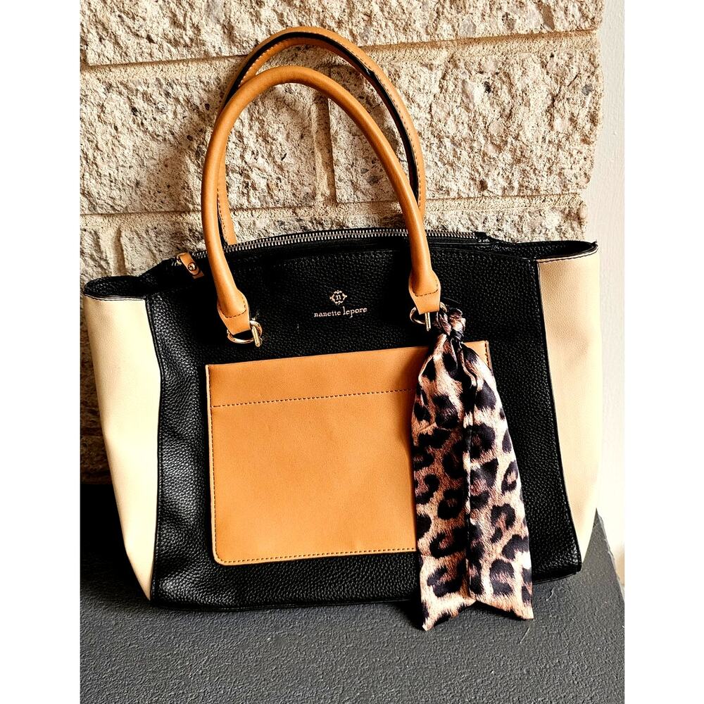 2-Nanette Lepore Bags 1-Crossbody 1-Satchel Tan Black Cream w/ Leopard Feature - Picture 9 of 11